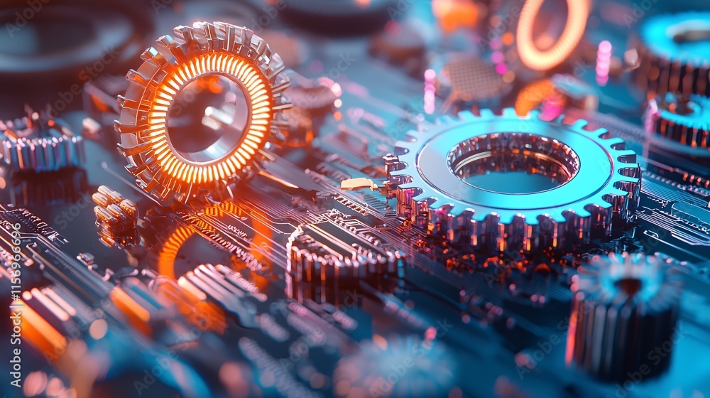 Poster digital product and wealth concept. futuristic abstract close-up of gears on a circuit board with gl