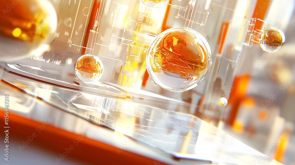 Poster digital product and wealth concept. futuristic abstract composition with transparent spheres and bri