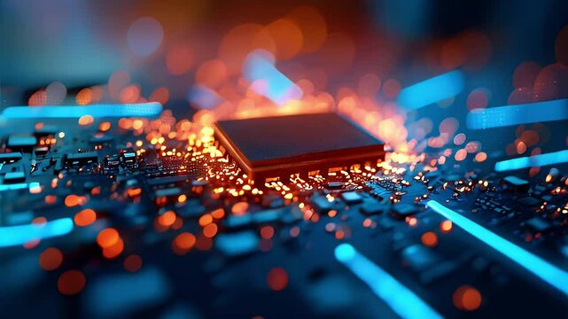 A close-up of a microchip on a circuit board with glowing elements.