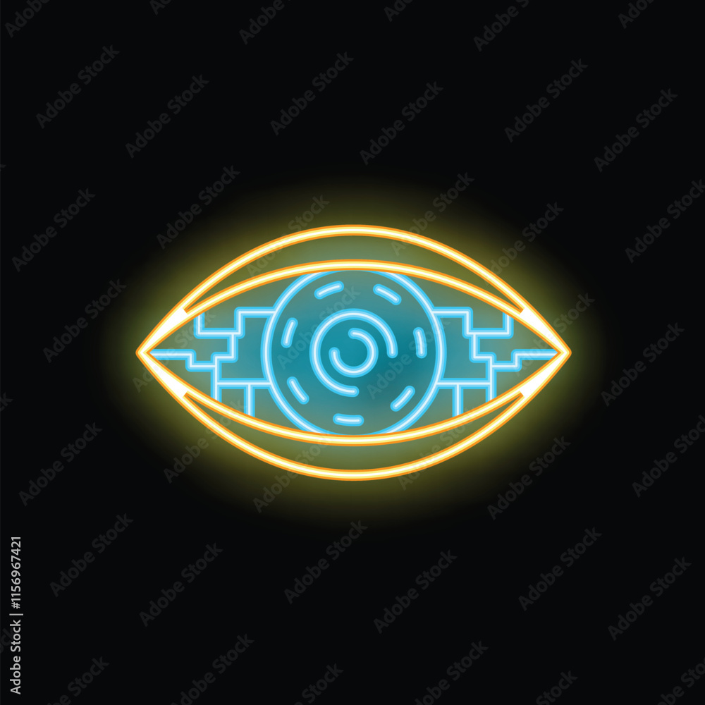 Poster neon cyber eye glowing on dark background representing concepts such as artificial intelligence and 