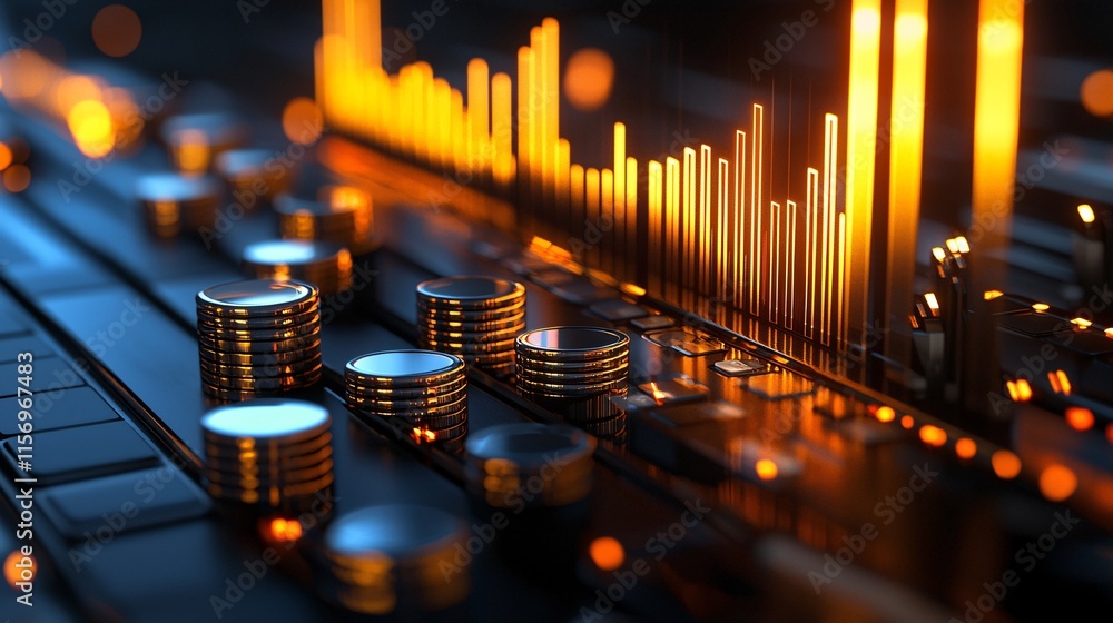 Poster digital product and wealth concept. close-up view of stacks of coins and audio mixer with sound wave