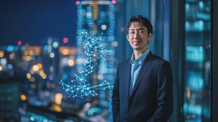 Fototapeta premium Abstract business man stands on the peak of success amid tall, innovative Smart city and graphs with statistics to analyze business potential and predict future developments in company growth.