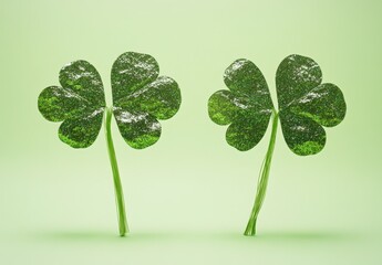 Glittery Green Shamrock Decorations on Soft Green Background Perfect for Celebrations, Crafts, and St. Patrick's Day Festivities