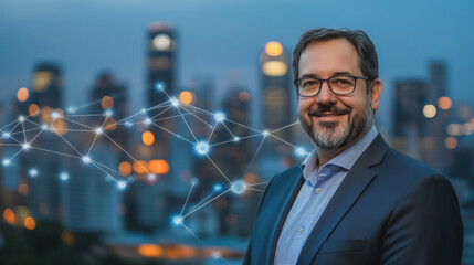 Fototapeta premium Abstract business man stands on the peak of success amid tall, innovative Smart city and graphs with statistics to analyze business potential and predict future developments in company growth.