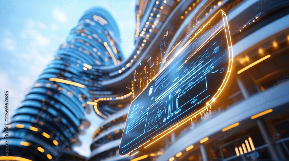 Poster digital product and wealth concept. futuristic urban landscape with glowing digital interface overla