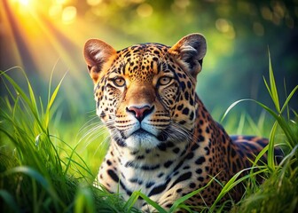 Obraz premium Majestic Leopard Resting in Lush Green Grass - Wildlife Photography