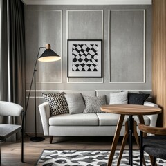 Grey decor: sofa, chairs, lamp, table, patterned elements