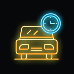 Glowing neon sign depicting a car with a clock above it, symbolizing concepts like car rental, transportation, and time management