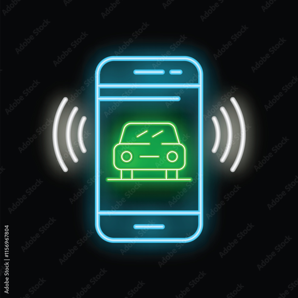 Poster neon smartphone displaying a car sharing app interface with a gps signal icon
