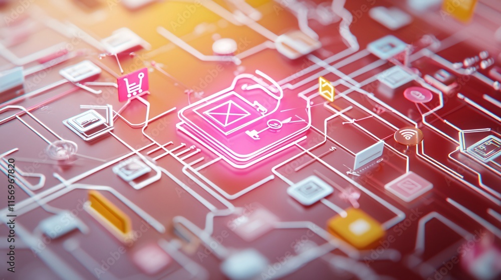 Poster digital product and wealth concept. vibrant digital interface with colorful application icons and sy