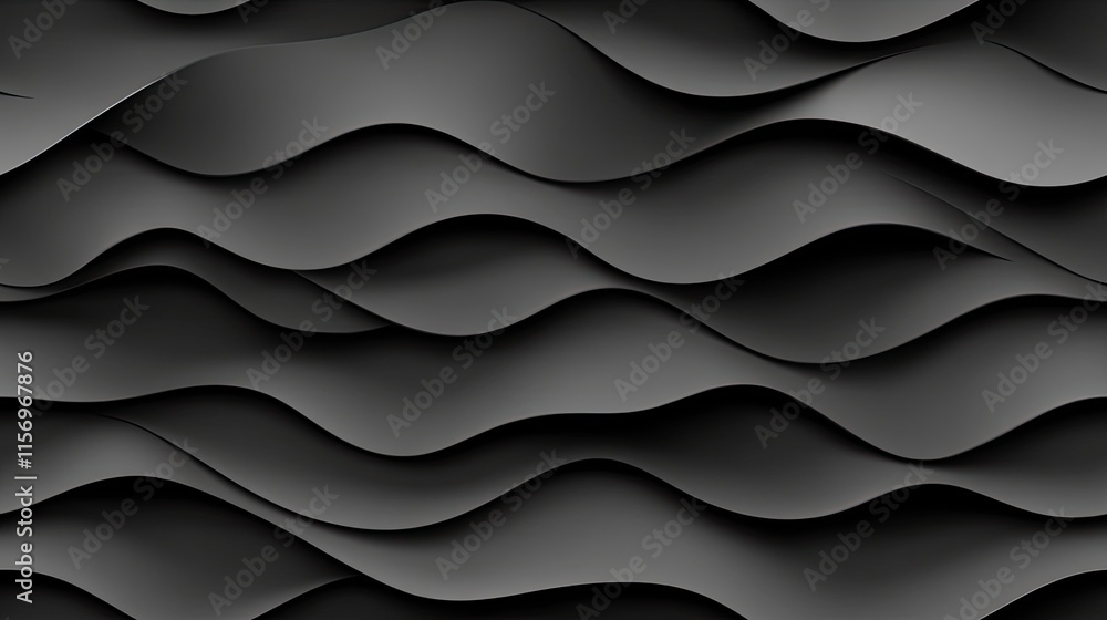 Poster smooth waves of black satin fabric fill the canvas, showcasing a hyper-realistic and elegant texture