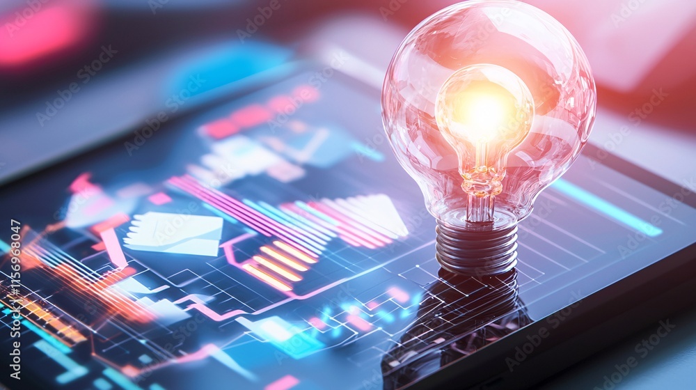 Poster digital product and wealth concept. modern light bulb on digital tablet with data visualization and 