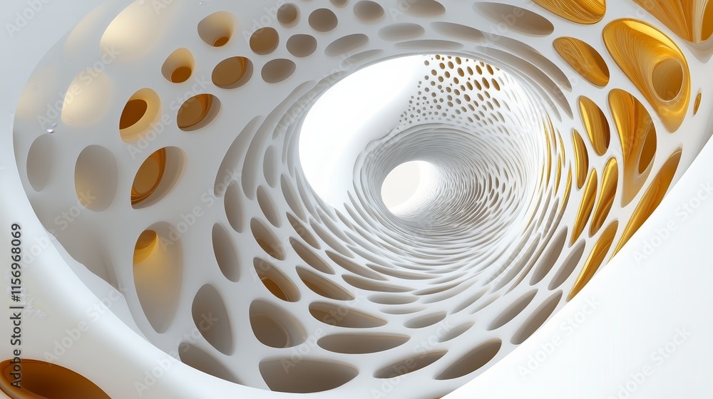 Poster 3D render of an abstract swirling tunnel with gold and white patterns.