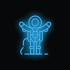 Neon blue astronaut celebrating his successful landing on an alien planet