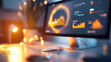 digital product and wealth concept. Modern computer monitor displaying colorful data visualization and analysis dashboard with glowing charts in a stylish office environment
