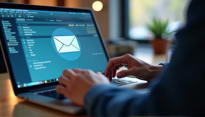 A laptop user with a new email notification displayed. Modern workplaces, technology, and communication are all elements that are conveyed in this scene. 
