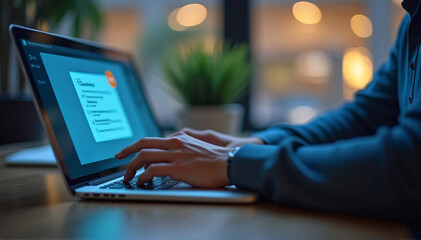 A laptop user with a new email notification displayed. Modern workplaces, technology, and communication are all elements that are conveyed in this scene. 
