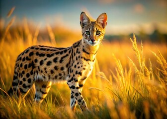 Vibrant serval cat, expertly captured using the rule of thirds, dominates this stunning African savanna wildlife photograph.