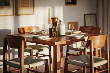 Sunlit dining room with wooden table, chairs, and elegant place settings, creating a warm and inviting atmosphere.