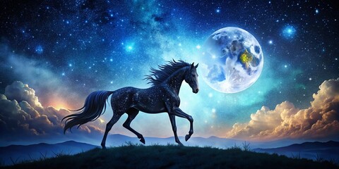 Majestic Night Horse: Hand-Drawn Background, Starry Sky, Dark Horse Silhouette