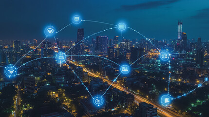 Fototapeta premium Smart digital Innovation city with connection network reciprocity over the cityscape. of future smart wireless digital city and social media networking systems that connects people with in city