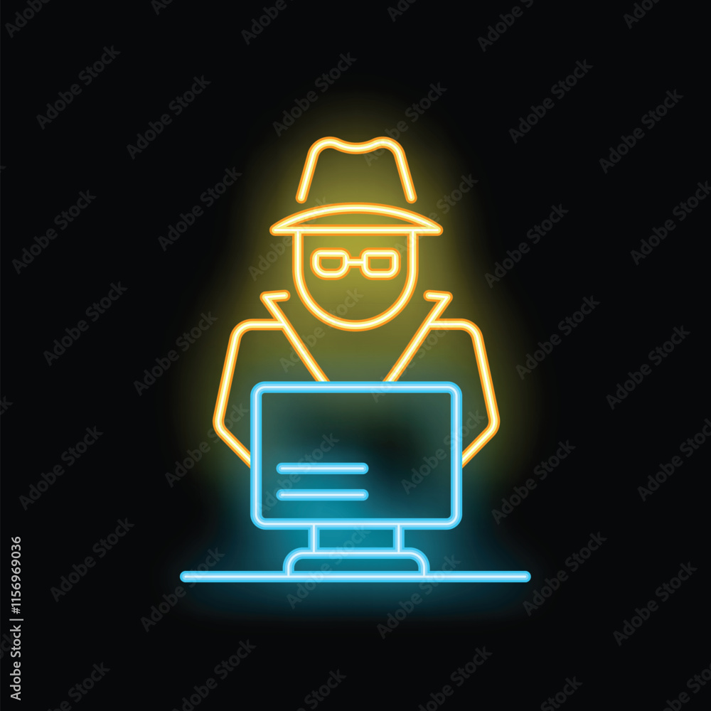 Poster neon style vector concept illustration of a spy hacking a computer on black background