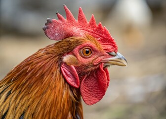 Majestic Rooster Close-up: Vibrant Feathers & Intense Gaze - Stock Photo
