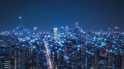 Fototapeta premium Smart digital Innovation city with connection network reciprocity over the cityscape. of future smart wireless digital city and social media networking systems that connects people with in city