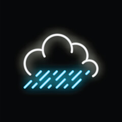 Bright neon sign depicting a cloud with rain falling, on a black background