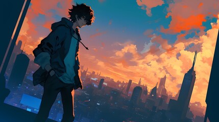 Fototapeta premium Anime character with dark hair stands in a cityscape at dusk, with vibrant skies and distant buildings