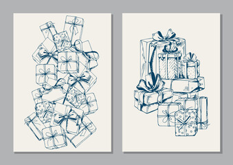 Set of cards with gift boxes. Christmas tree shape. Hand drawn vector illustration.