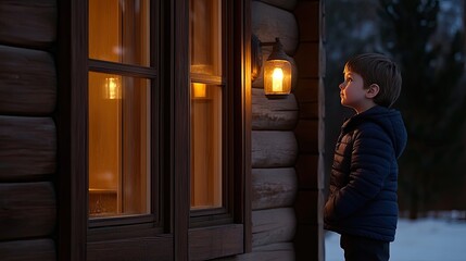 In a tranquil winter landscape, a little boy kneels in the snow, praying with a calm expression as a golden ray of light shines above him