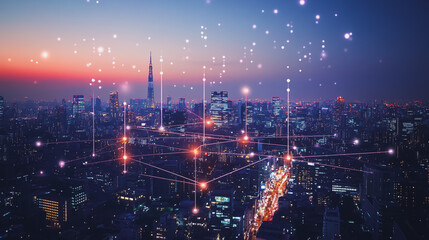 Fototapeta premium Smart digital Innovation city with connection network reciprocity over the cityscape. of future smart wireless digital city and social media networking systems that connects people with in city