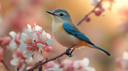 Small blue bird perched on blooming branch.