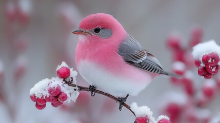 Pink bird perched on snow-covered branch with red berries. (1)