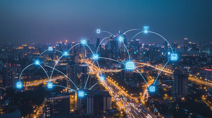 Smart digital Innovation city with connection network reciprocity over the cityscape. of future smart wireless digital city and social media networking systems that connects people with in city