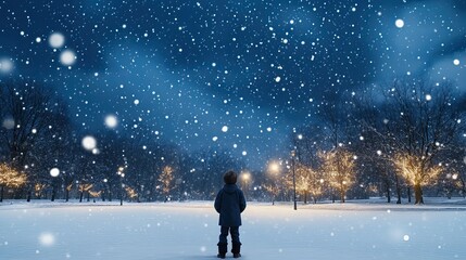 Obraz premium In a tranquil winter landscape, a little boy kneels in the snow, praying with a calm expression as a golden ray of light shines above him