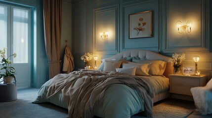 A tranquil bedroom with a soft pastel color palette, elegant lighting, and cozy textiles