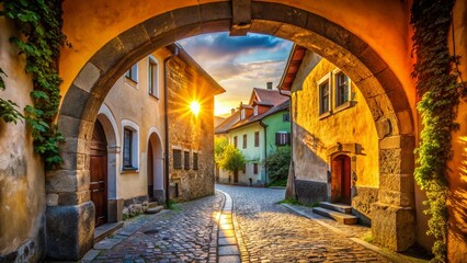 Fototapeta premium Medieval Archway, Skofja Loka, Slovenia: Historic Gorenjska Street Scene