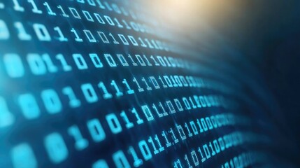 Digital data stream consisting of binary code illuminated in blue color on a dark background