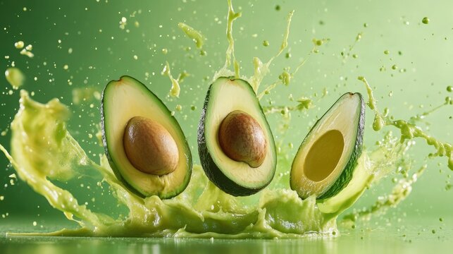 Avocado halves creating a splash against a vibrant green background during a culinary photography session