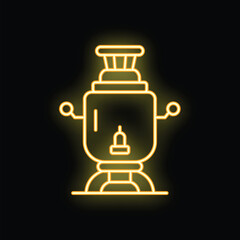 Yellow neon sign of a traditional russian samovar glowing on a black background