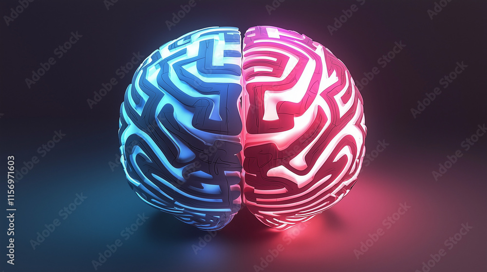 Aufkleber stylized 3d rendering of a human brain, divided into two hemispheres, each glowing with contrasting 