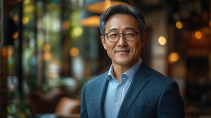 Obraz premium Professional asian man in a business suit standing confidently in a modern cafe during the daytime