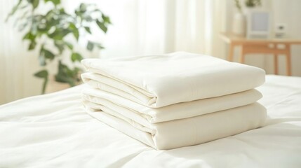Soft white sheets neatly folded on a bed in a bright, airy bedroom with green plants
