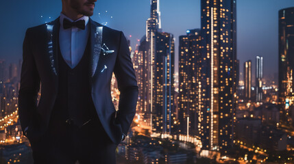 Abstract business man stands on the peak of success amid tall, innovative Smart city and graphs with statistics to analyze business potential and predict future developments in company growth.