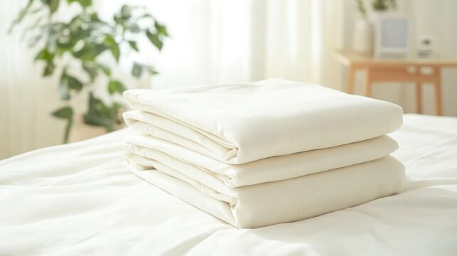 Soft white sheets neatly folded on a bed in a bright, airy bedroom with green plants