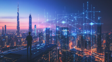 Fototapeta premium Smart digital Innovation city with connection network reciprocity over the cityscape. of future smart wireless digital city and social media networking systems that connects people with in city