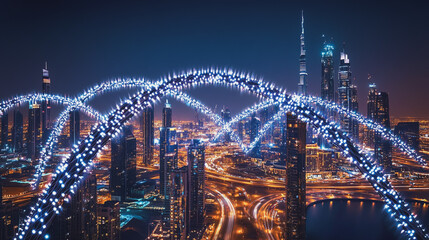 Obraz premium Smart digital Innovation city with connection network reciprocity over the cityscape. of future smart wireless digital city and social media networking systems that connects people with in city