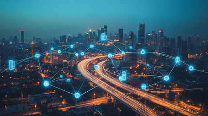 Fototapeta premium Smart digital Innovation city with connection network reciprocity over the cityscape. of future smart wireless digital city and social media networking systems that connects people with in city